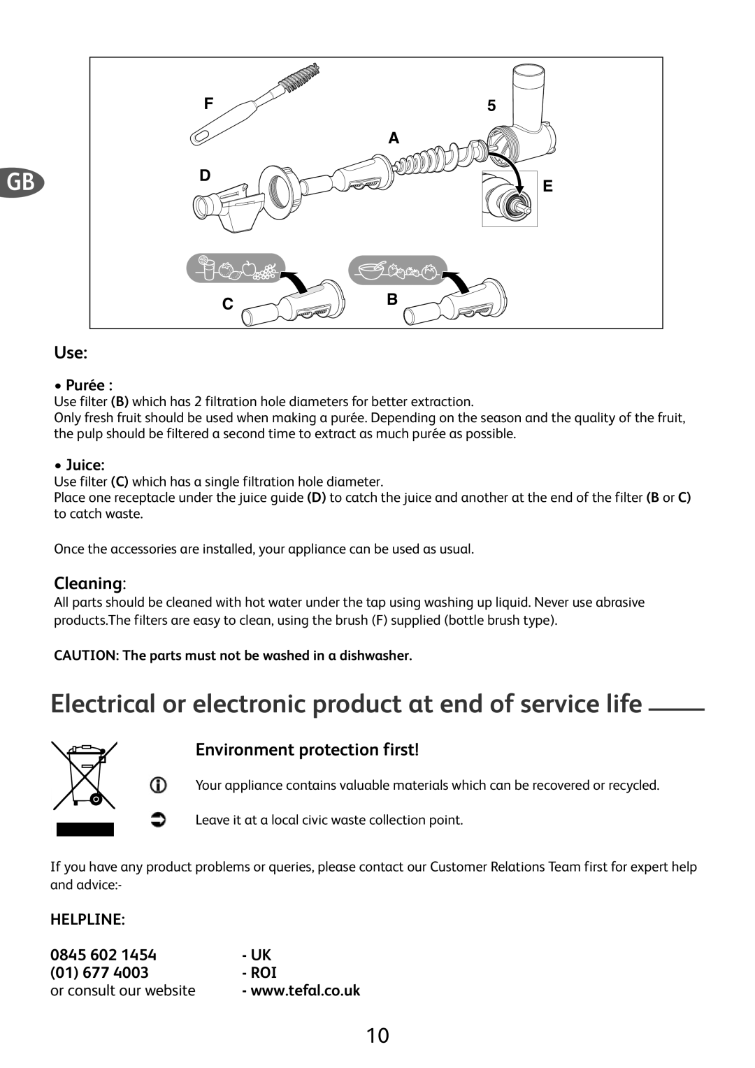 Tefal ME701188 manual Electrical or electronic product at end of service life, Use, Cleaning, Environment protection first 