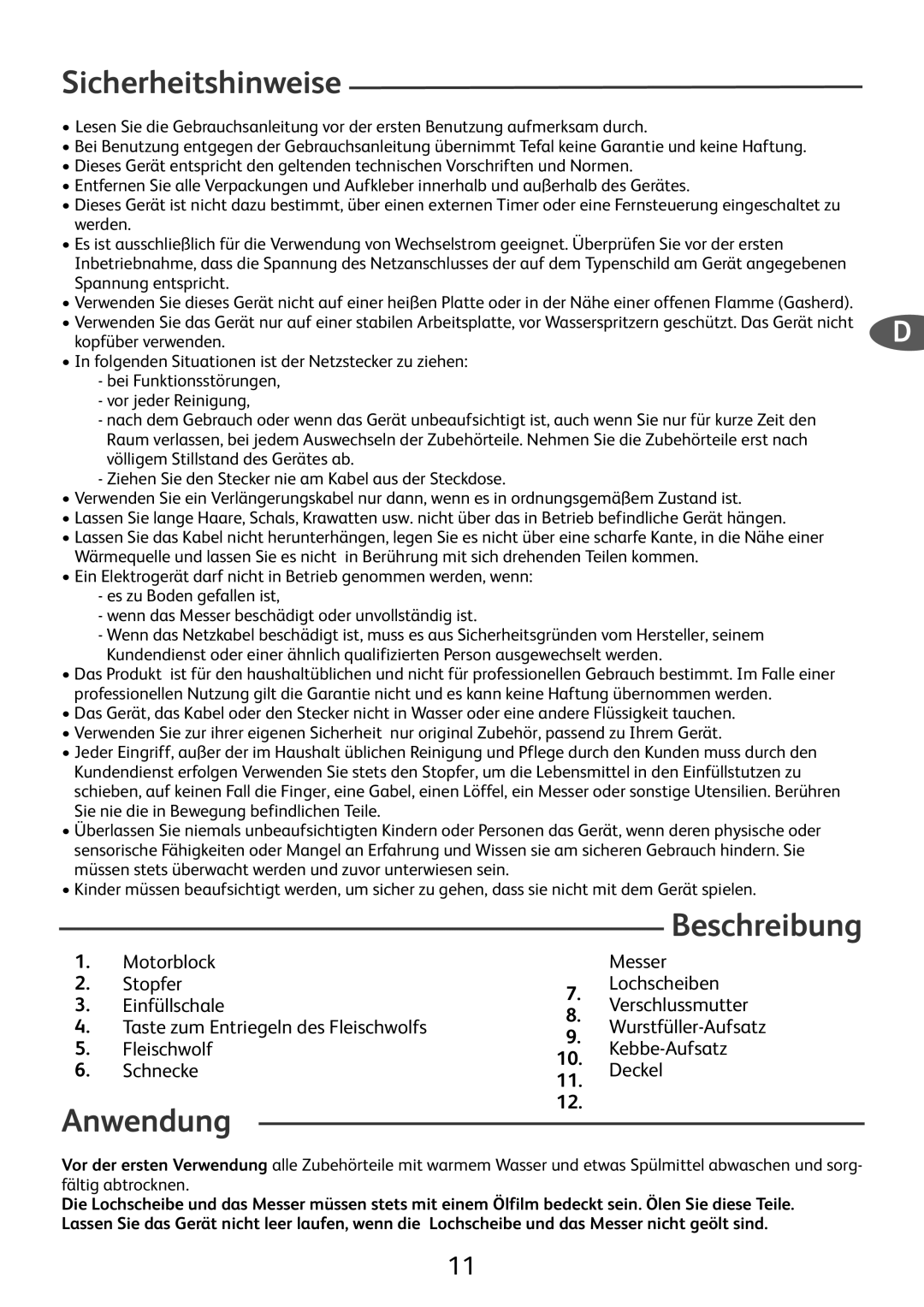 Tefal ME701188 manual Sicherheitshinweise, Anwendung Beschreibung 