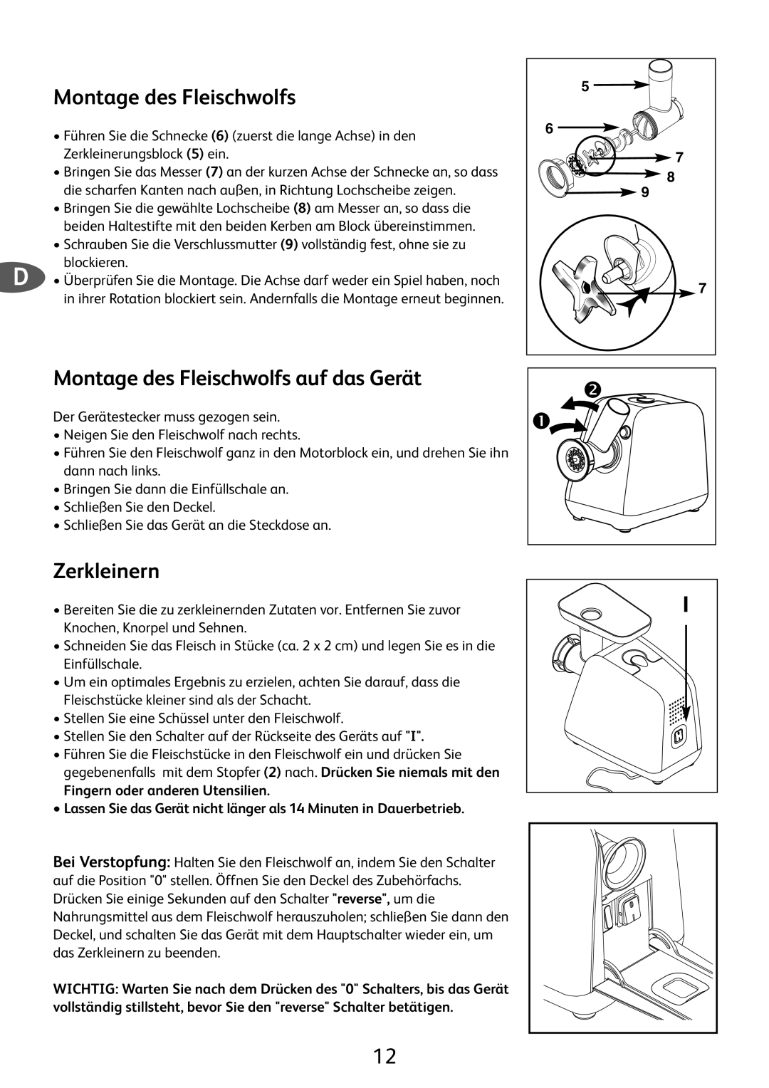 Tefal ME701188 manual Montage des Fleischwolfs auf das Gerät, Zerkleinern 