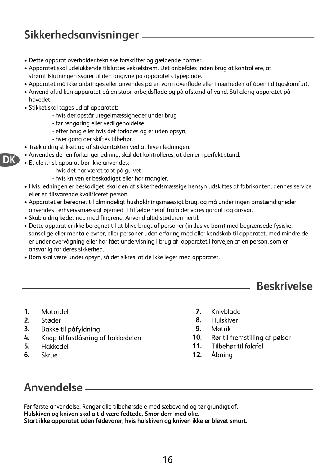 Tefal ME701188 manual Sikkerhedsanvisninger, Beskrivelse, Anvendelse 