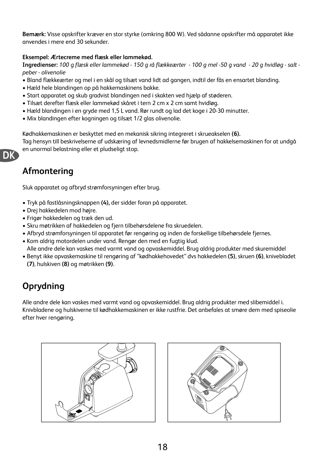 Tefal ME701188 manual Afmontering, Oprydning, Eksempel Ærtecreme med flæsk eller lammekød 