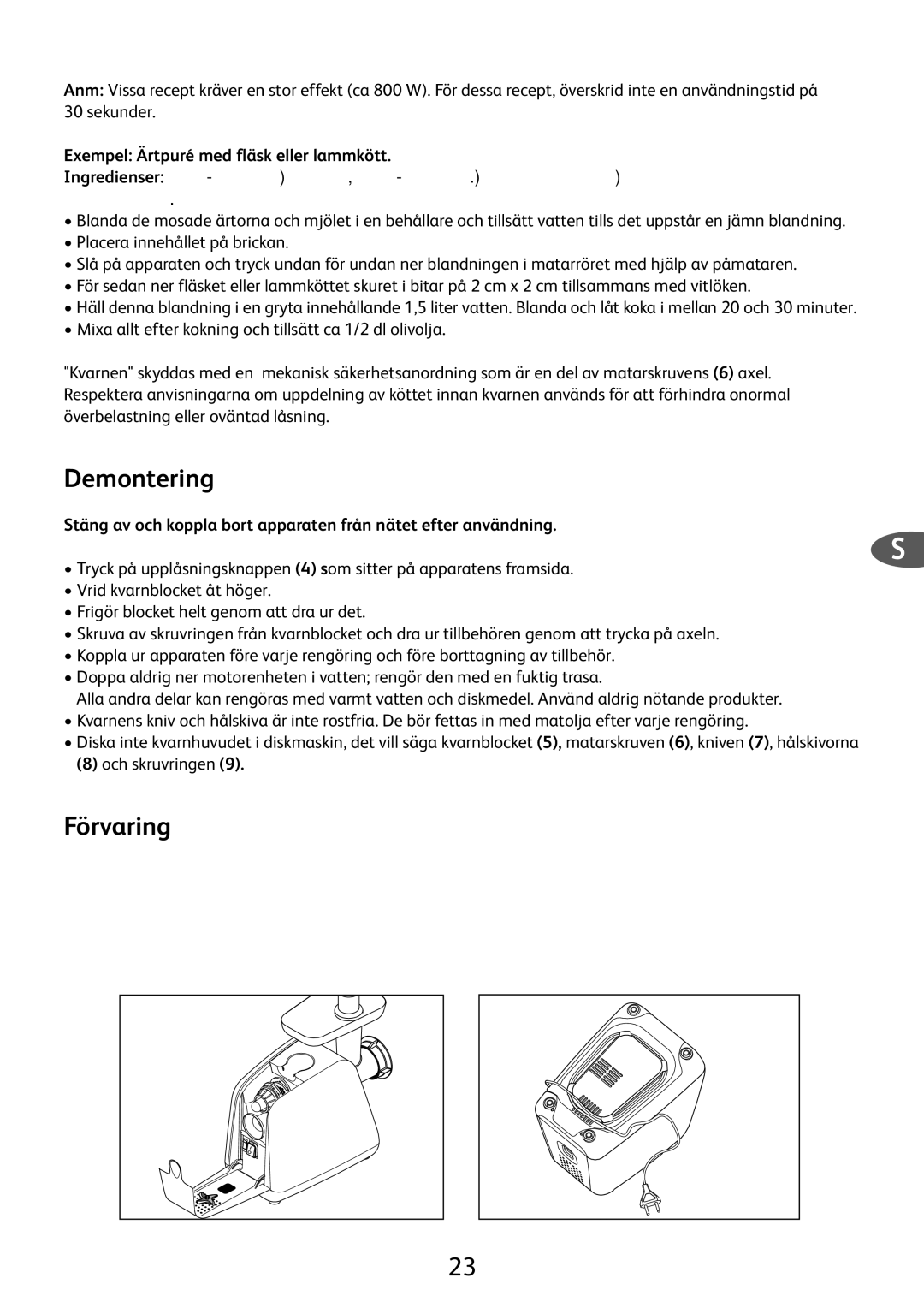 Tefal ME701188 manual Demontering, Förvaring, Exempel Ärtpuré med fläsk eller lammkött 