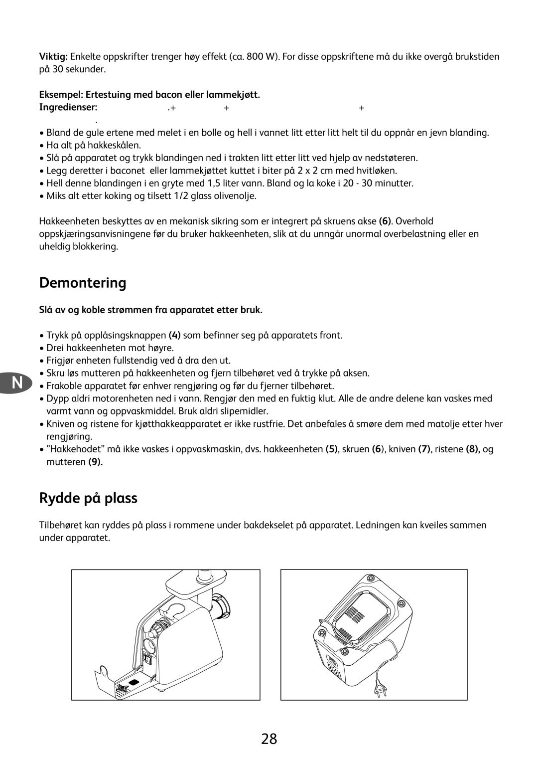 Tefal ME701188 manual Rydde på plass, Eksempel Ertestuing med bacon eller lammekjøtt 