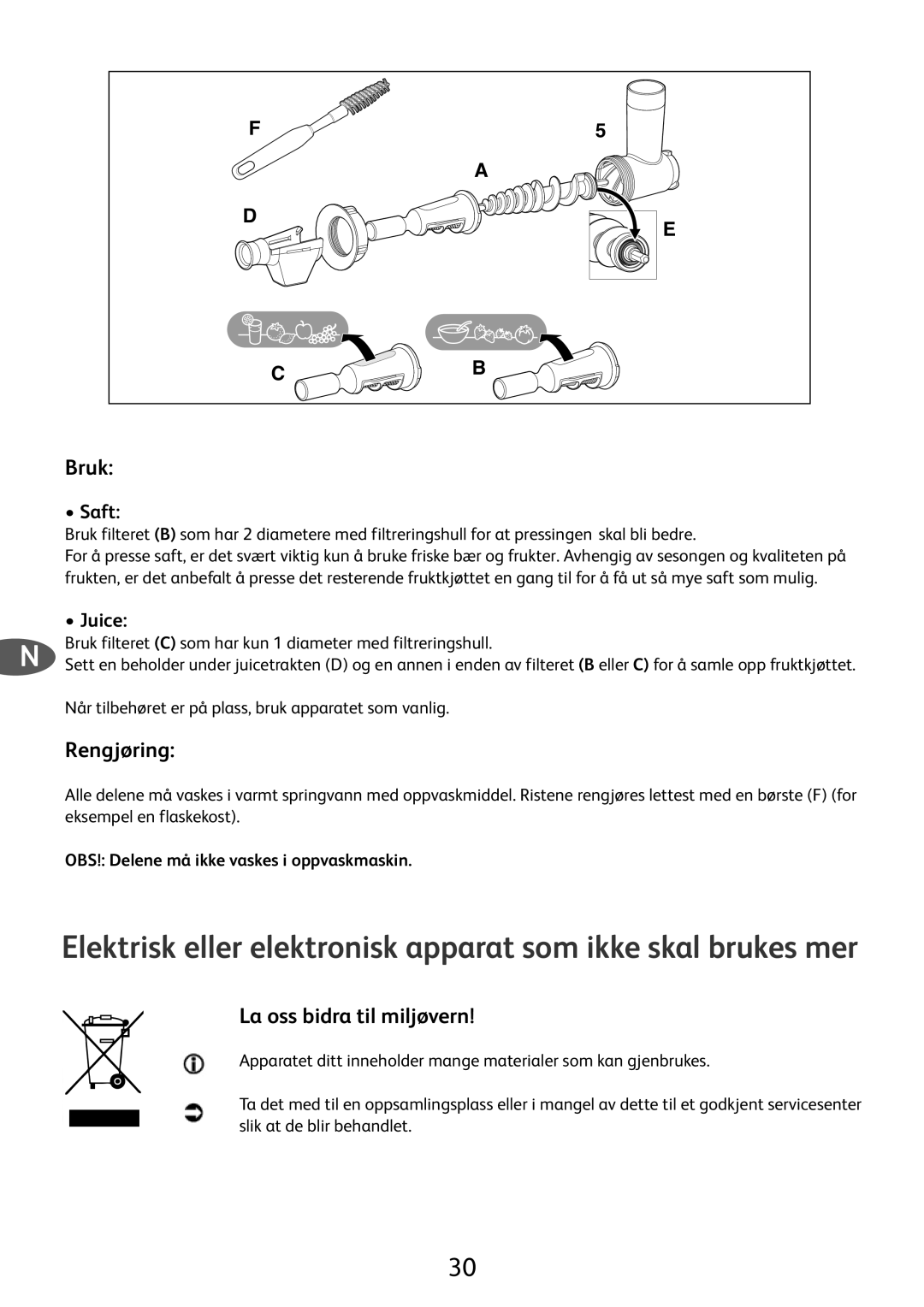 Tefal ME701188 manual Bruk, Rengjøring, La oss bidra til miljøvern, OBS! Delene må ikke vaskes i oppvaskmaskin 