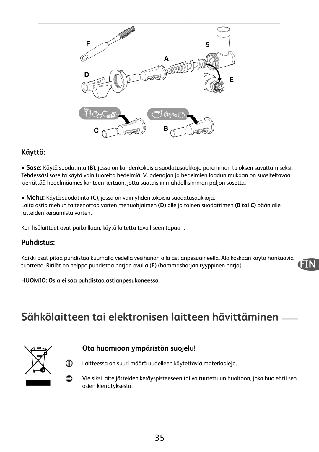 Tefal ME701188 Sähkölaitteen tai elektronisen laitteen hävittäminen, Käyttö, Puhdistus, Ota huomioon ympäristön suojelu 