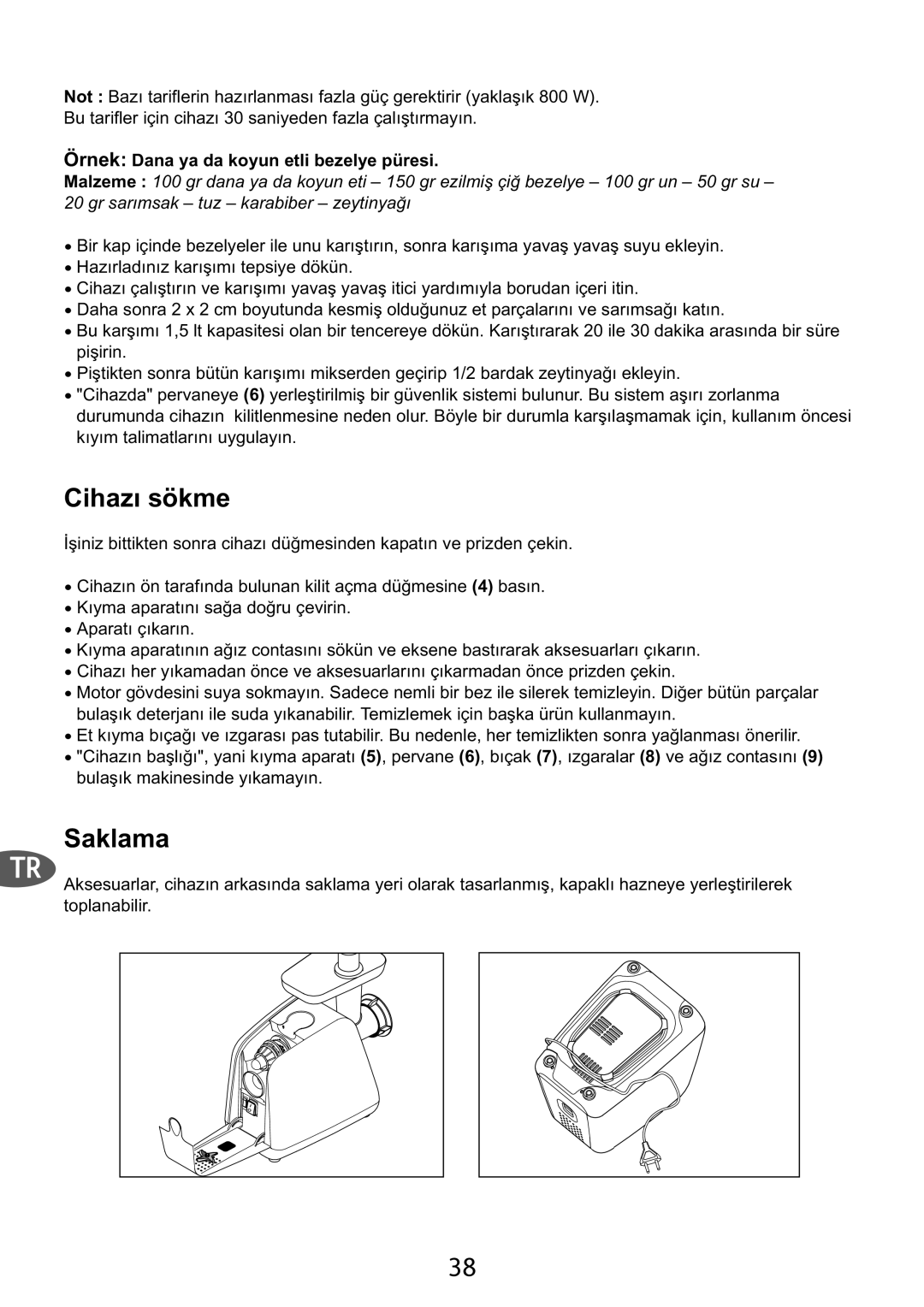 Tefal ME701188 manual Cihazı sökme, Saklama, Örnek Dana ya da koyun etli bezelye püresi 