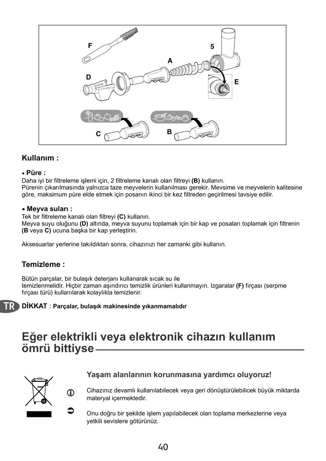 Tefal ME701188 manual Kullanım, Temizleme, Püre, Meyva suları, TR Dİkkat Parçalar, bulaşık makinesinde yıkanmamalıdır 