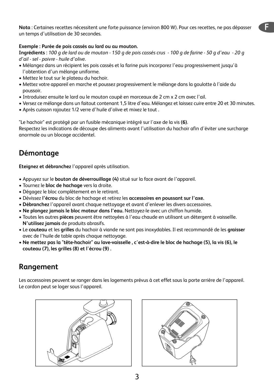 Tefal ME701188 manual Démontage, Rangement 