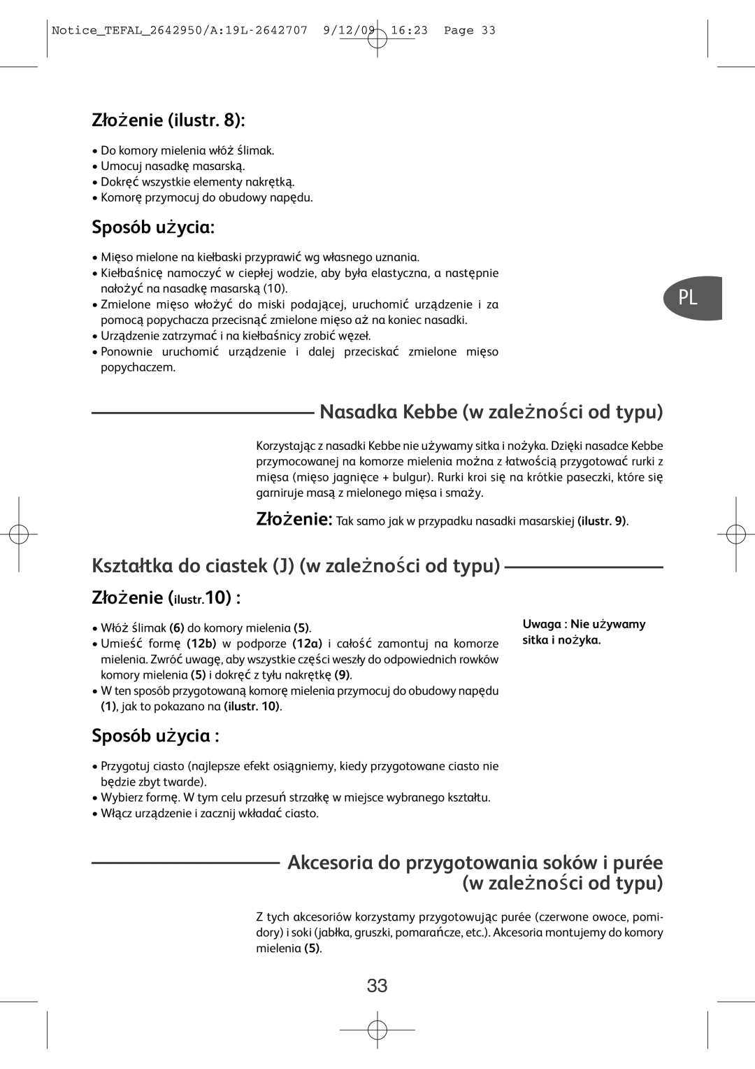 Tefal ME710850, ME71083E manual Nasadka Kebbe w zale ności od typu, Sposób u ycia, Zło enie ilustr.10 