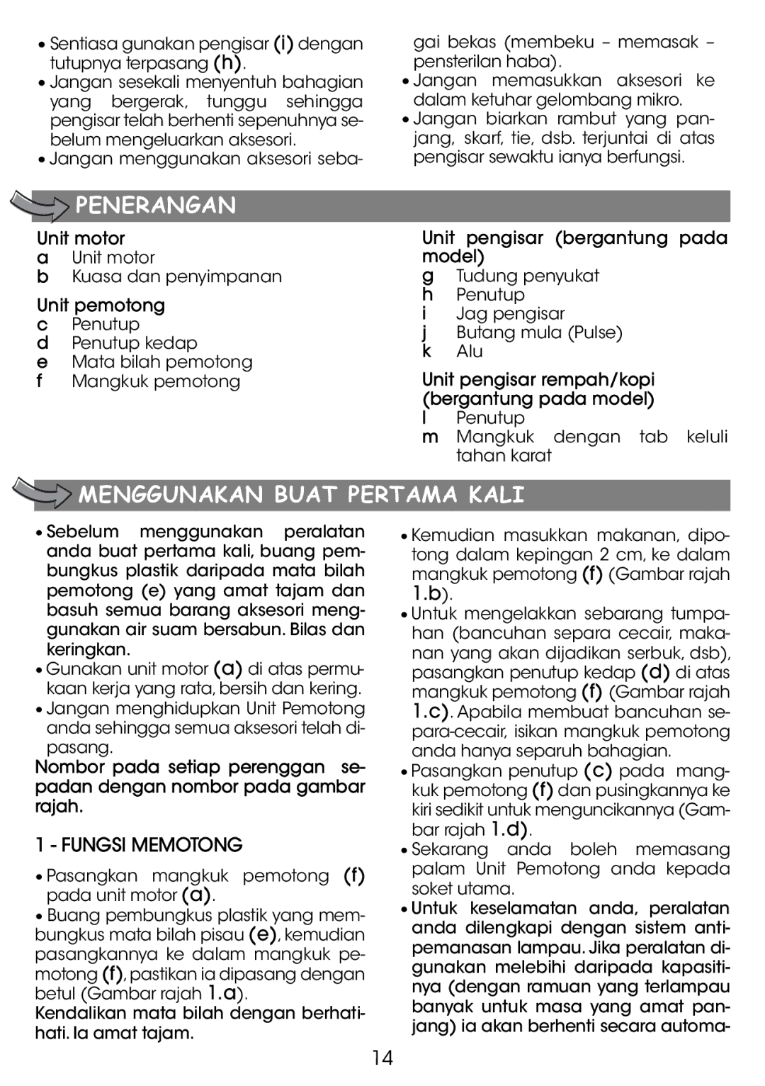 Tefal MF805G65, MF805GTH manual Penerangan, Menggunakan Buat Pertama Kali 