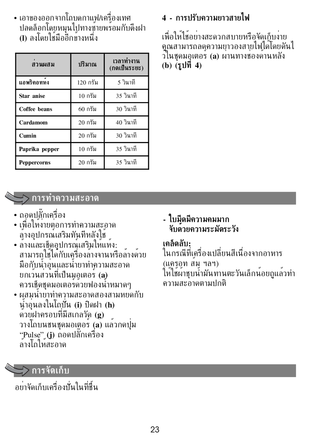 Tefal MF805GTH, MF805G65 manual การปรับความยาวสายไฟ, รูปที่4, ใบมีดมีความคมมาก, จับด้วยความระมัดระวัง, ส่วนผสม ปริมาณ 