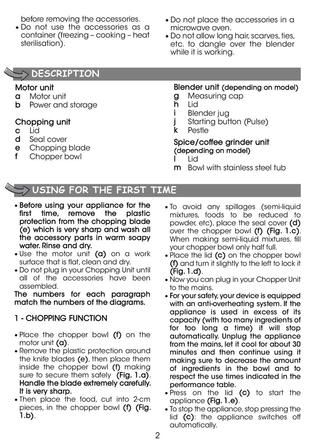 Tefal MF805G65, MF805GTH manual Description, Using for the First Time 