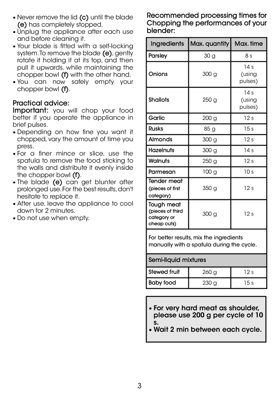 Tefal MF805GTH, MF805G65 manual Ingredients, Max. time, Semi-liquid mixtures 