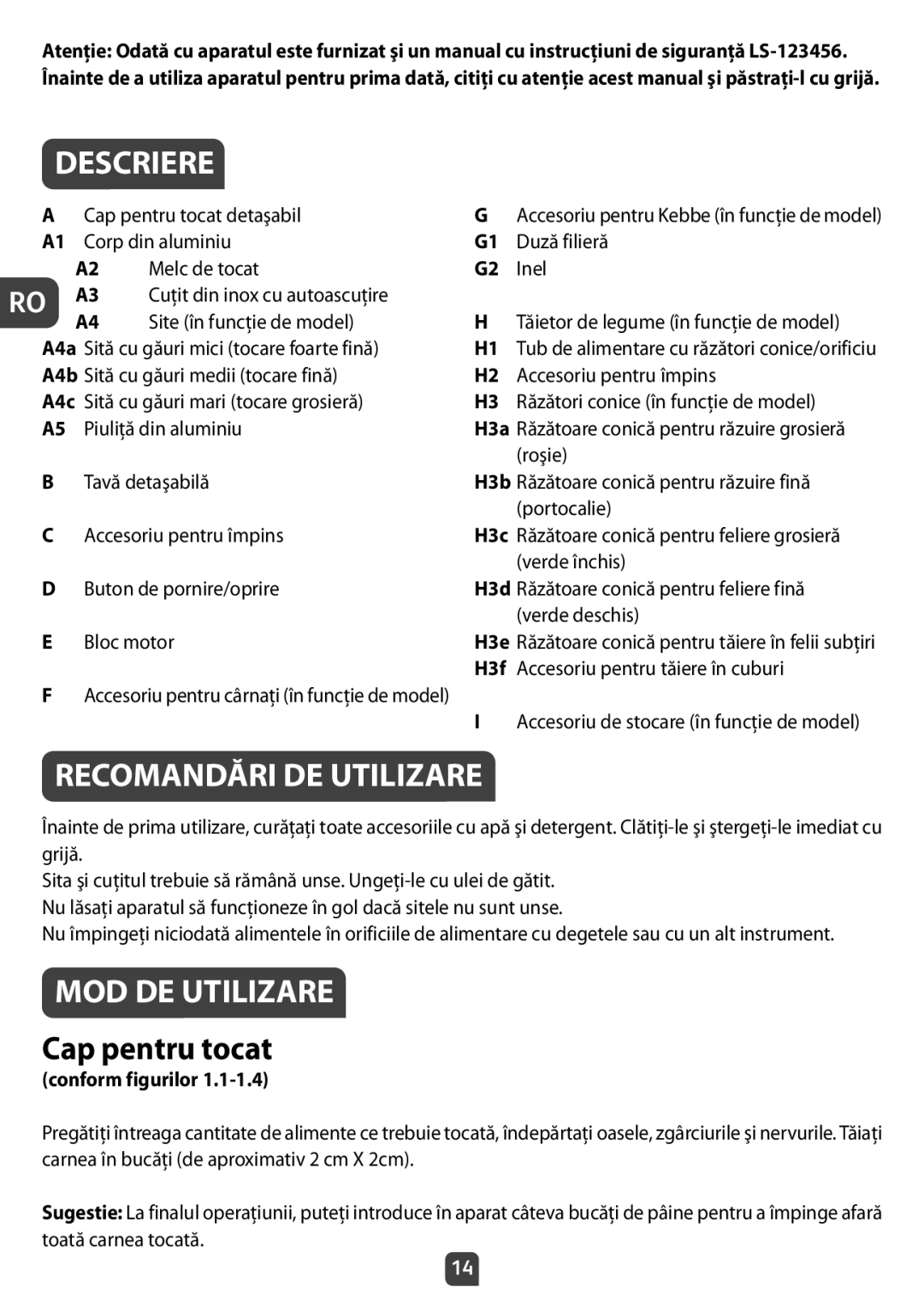 Tefal NE210138 manual Descriere, Recomandări DE Utilizare, MOD DE Utilizare, Cap pentru tocat, Conform figurilor 