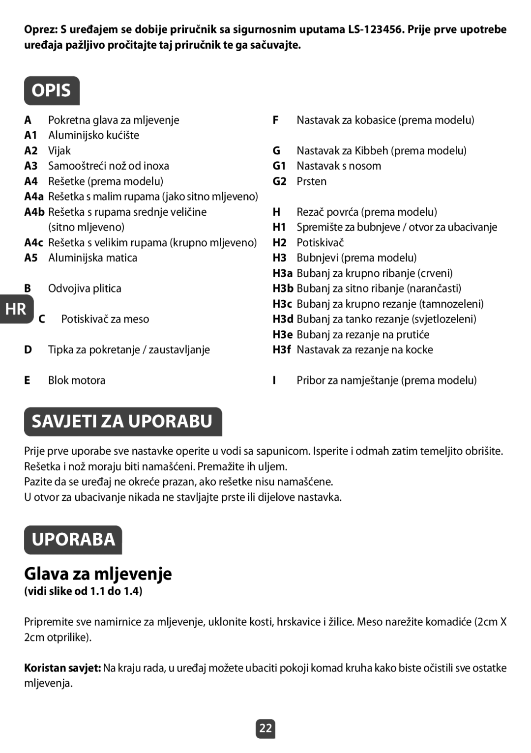 Tefal NE210138 manual Savjeti ZA Uporabu, Glava za mljevenje 