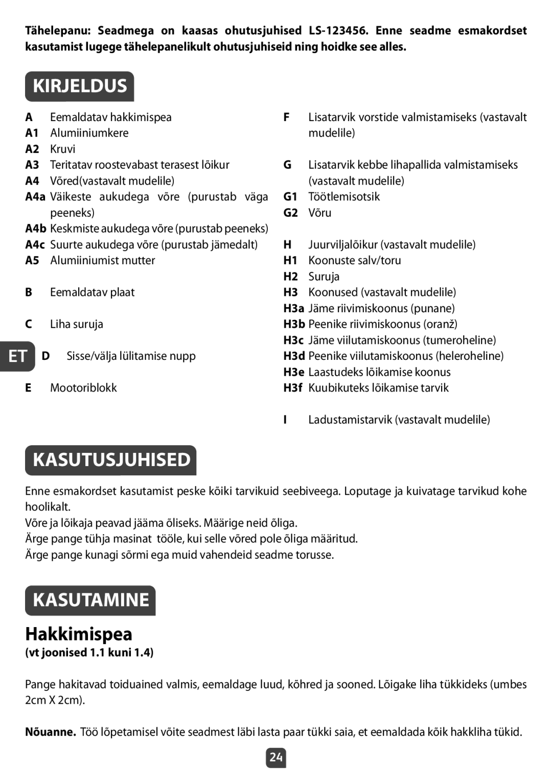 Tefal NE210138 manual Kirjeldus, Kasutusjuhised, Kasutamine, Hakkimispea, Vt joonised 1.1 kuni 