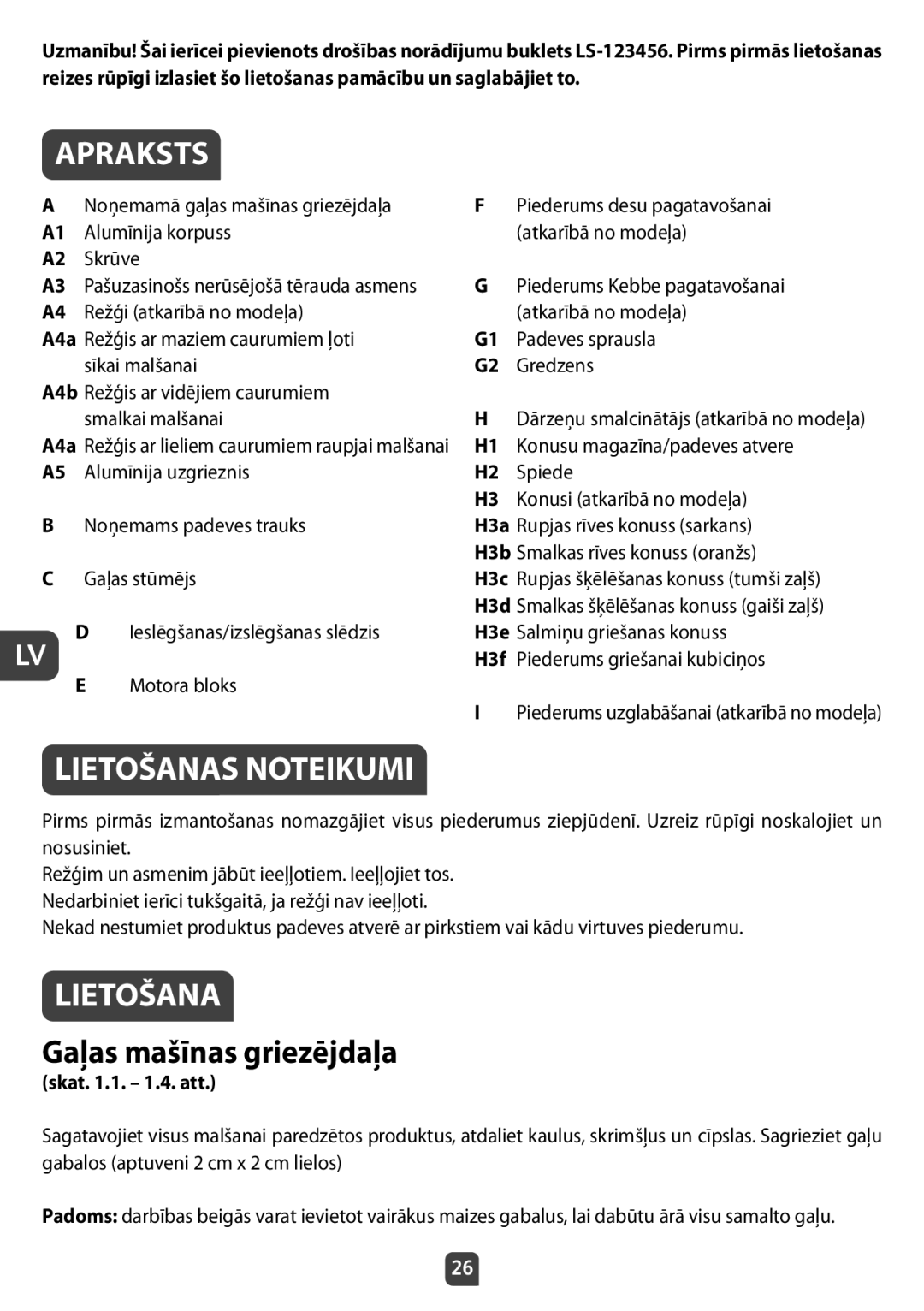 Tefal NE210138 manual Apraksts, Lietošanas Noteikumi, Gaļas mašīnas griezējdaļa, Skat .1. 1.4. att 