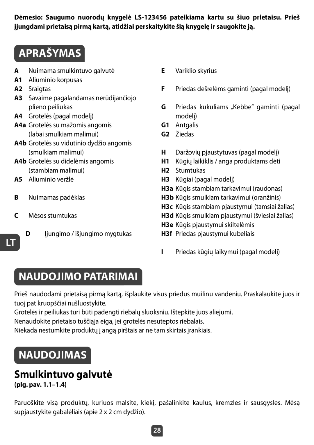 Tefal NE210138 manual Aprašymas, Naudojimo Patarimai, Naudojimas, Smulkintuvo galvutė, Plg. pav 