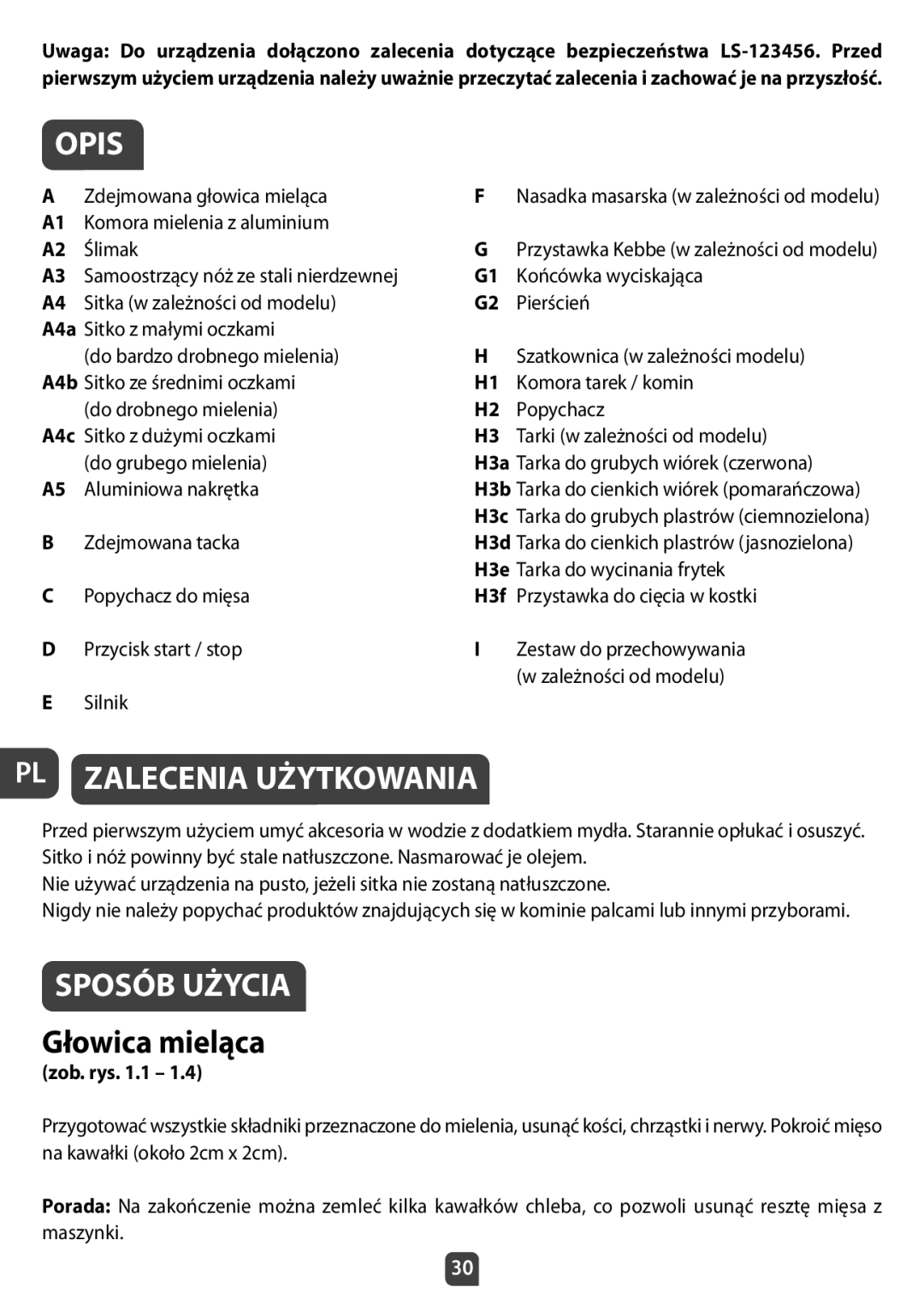 Tefal NE210138 manual PL Zalecenia Użytkowania, Sposób Użycia, Głowica mieląca, Zob. rys .1 