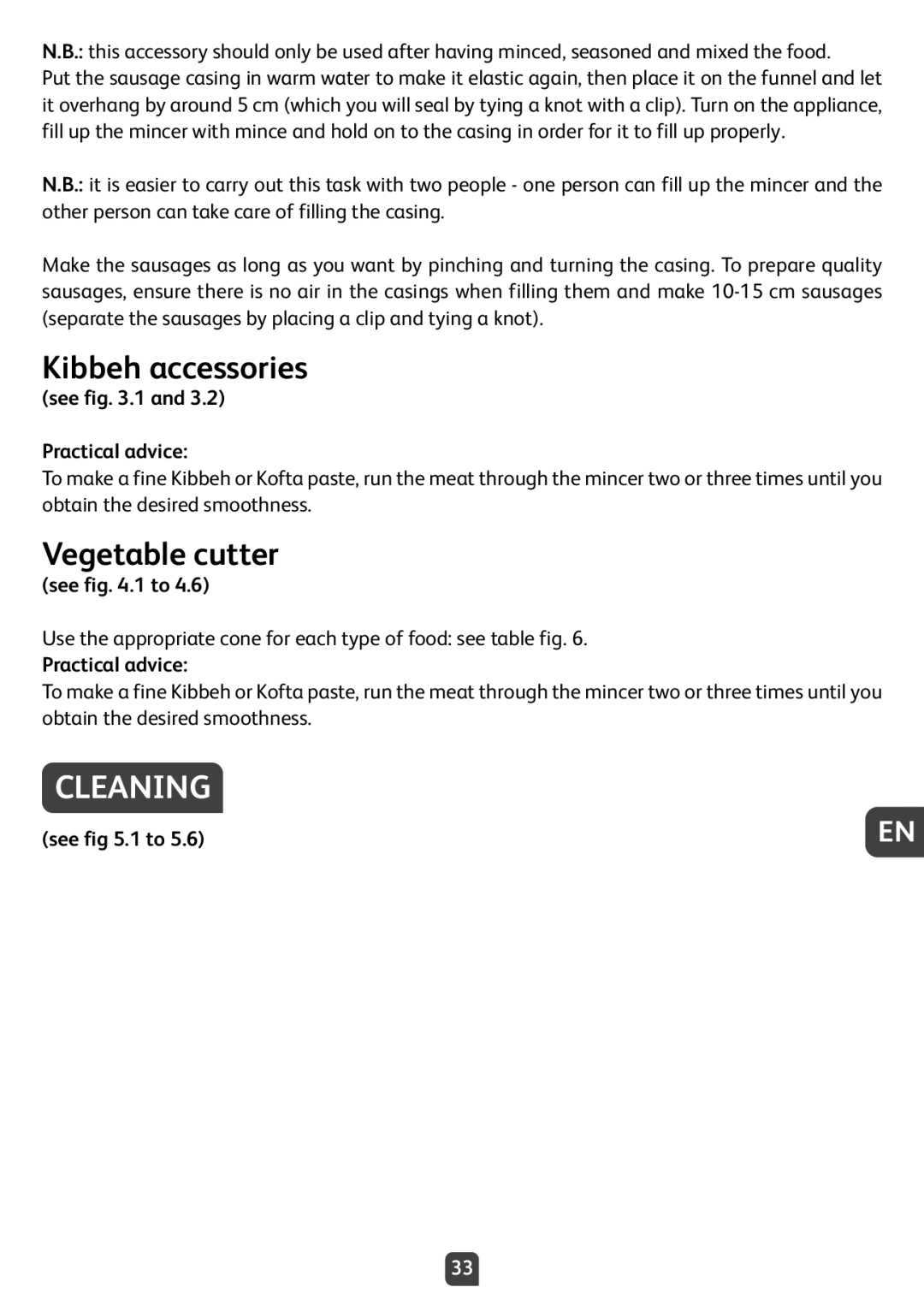 Tefal NE210138 manual Kibbeh accessories, Vegetable cutter, Cleaning, See .1 Practical advice 