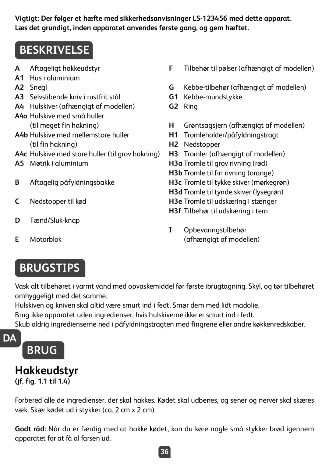 Tefal NE210138 manual Beskrivelse, Brugstips, Hakkeudstyr, Jf. .1 til 