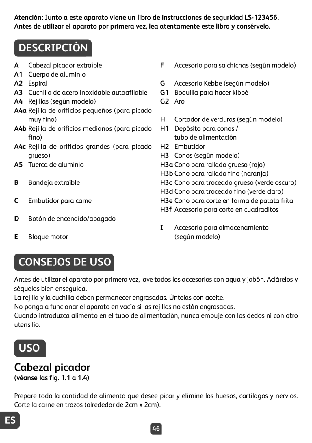 Tefal NE210138 manual Descripción, Consejos DE USO, Uso, Cabezal picador 