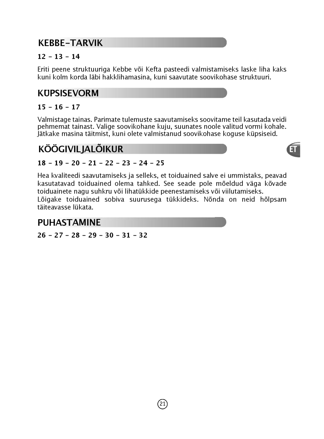 Tefal NE610138 manual Kebbe-TaRvik, KüPsisevoRm, PuhasTamine 