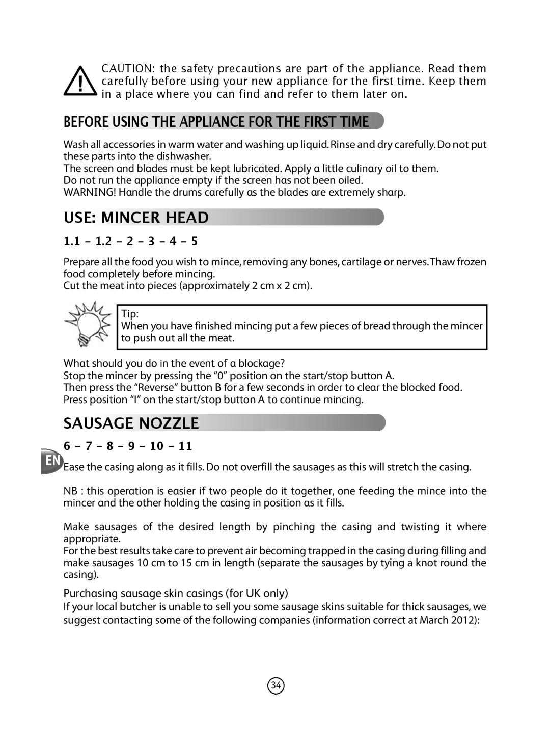 Tefal NE610138 manual BeFoRe using The aPPlianCe FoR The FiRsT Time, Use minCeR heaD, Sausage noZZle 