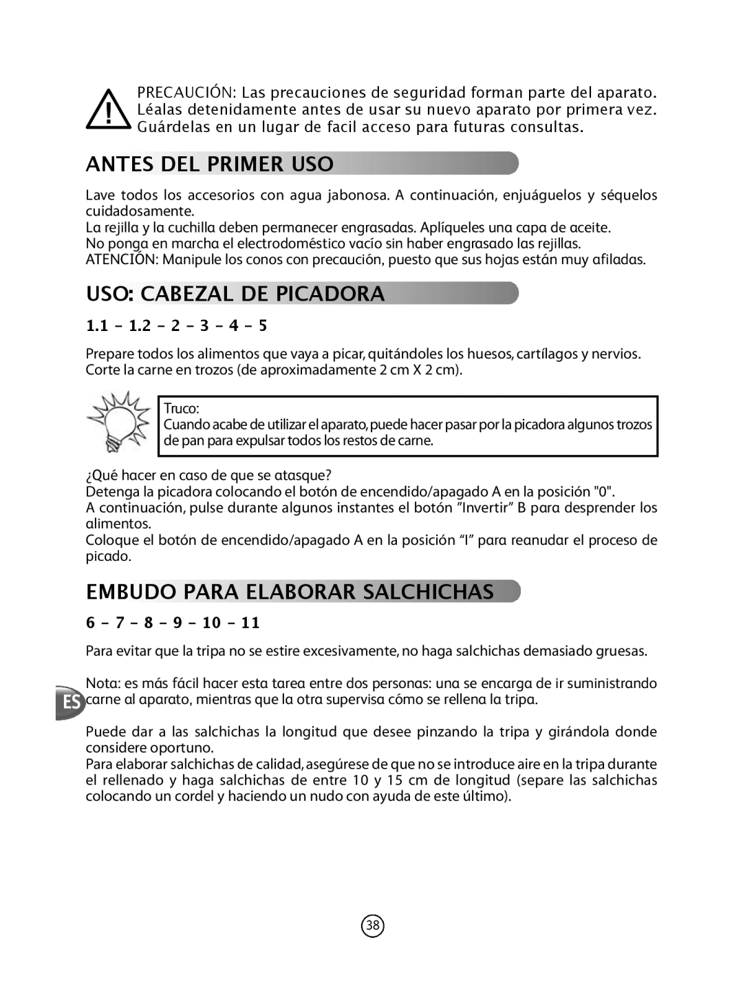 Tefal NE610138 manual AnTes Del PRimeR uso, Uso CabeZal De PiCaDoRa, EmbuDo PaRa elaboRaR salChiChas 