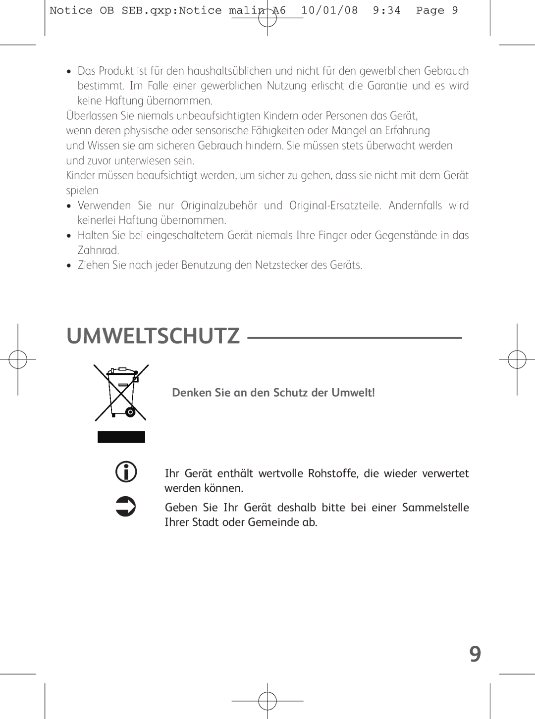 Tefal OB300160 manual Umweltschutz, Denken Sie an den Schutz der Umwelt 