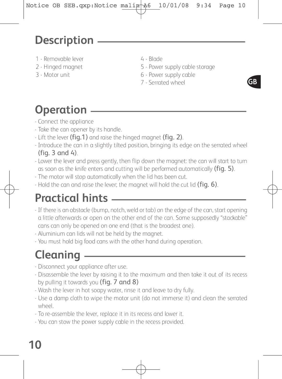 Tefal OB300160 manual Operation, Practical hints, Cleaning 