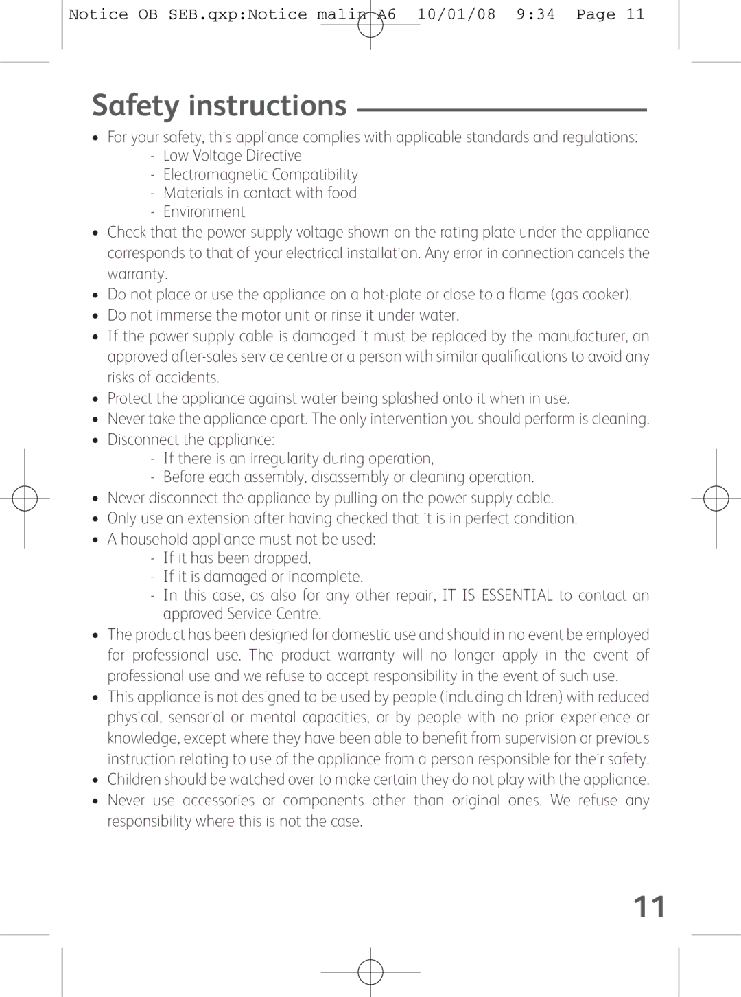 Tefal OB300160 manual Safety instructions 