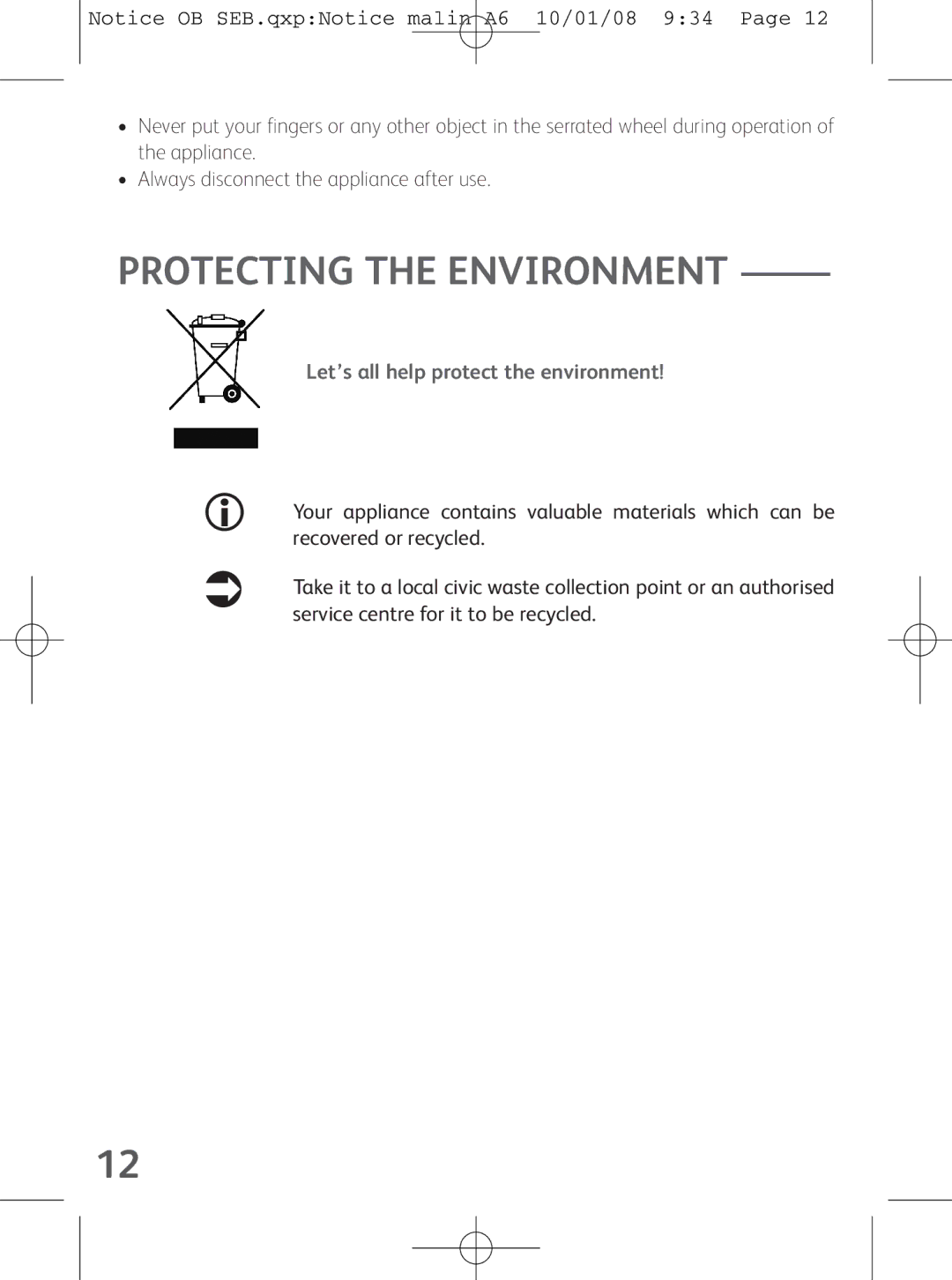 Tefal OB300160 manual Protecting the Environment, Let’s all help protect the environment 