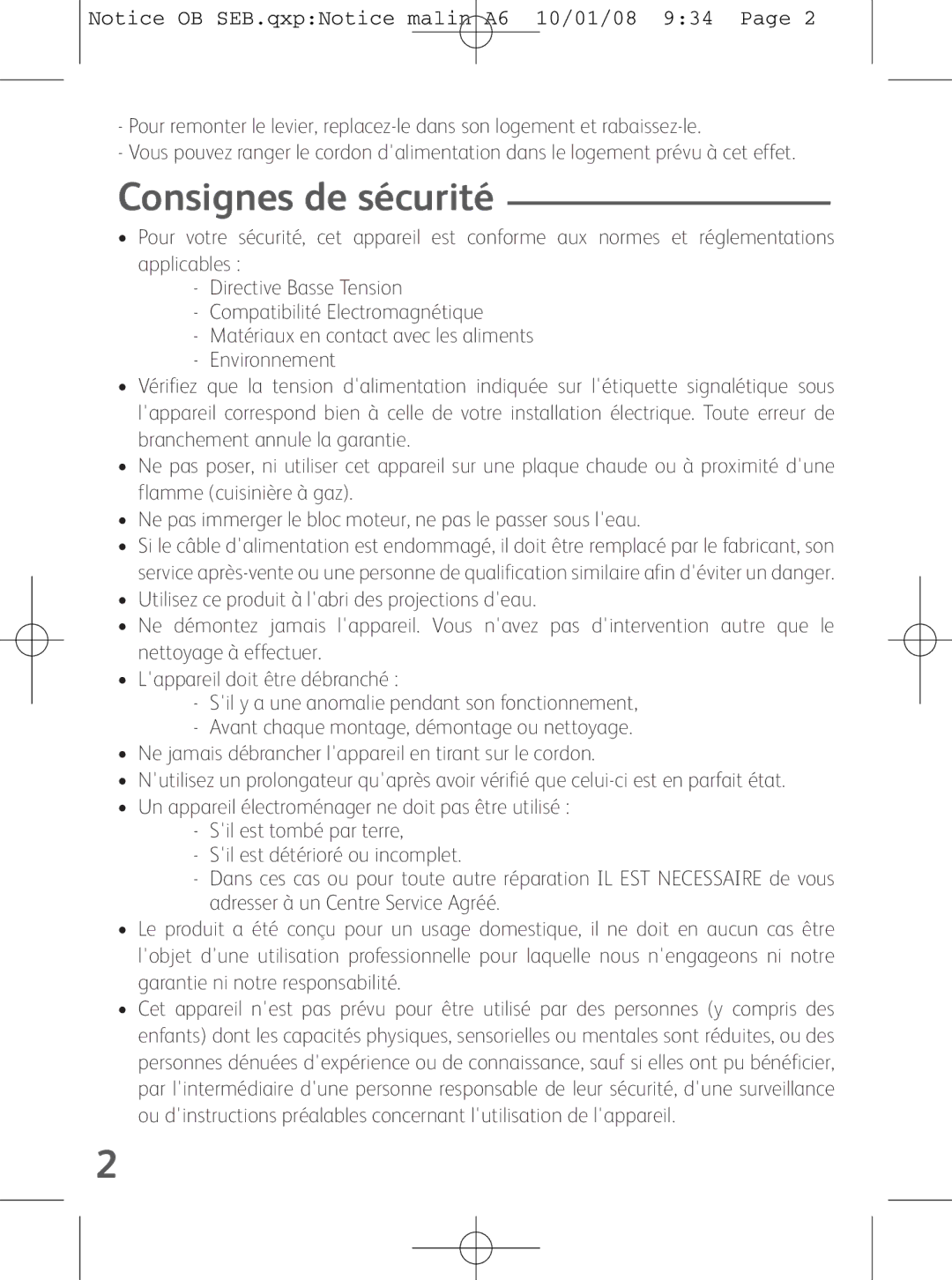 Tefal OB300160 manual Consignes de sécurité 