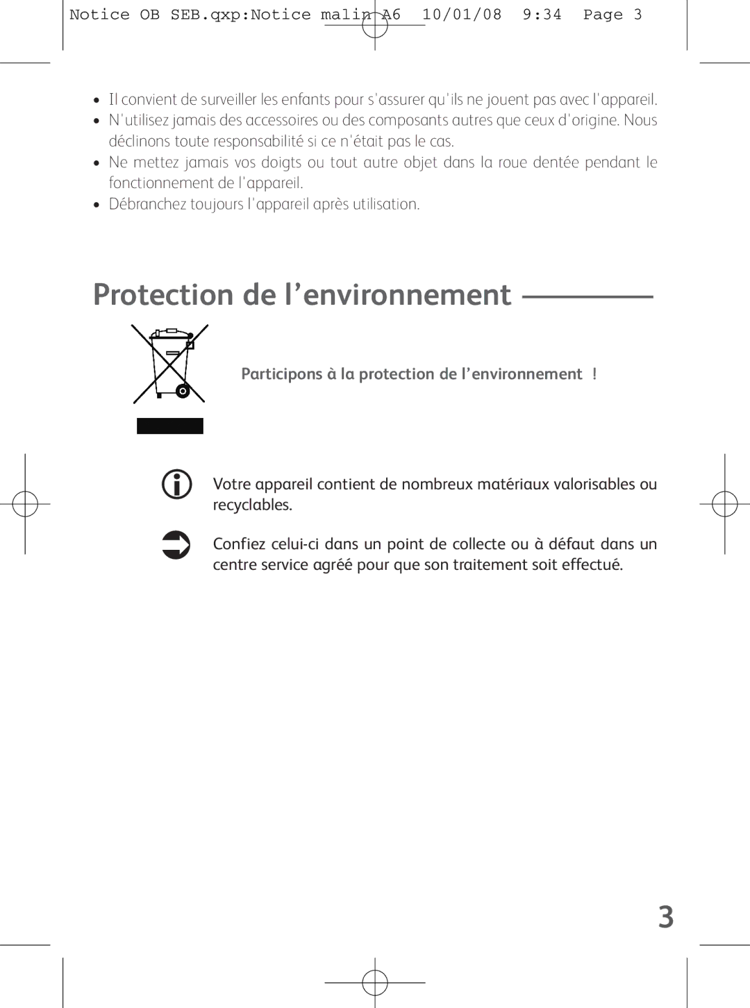 Tefal OB300160 manual Protection de l’environnement, Participons à la protection de l’environnement 