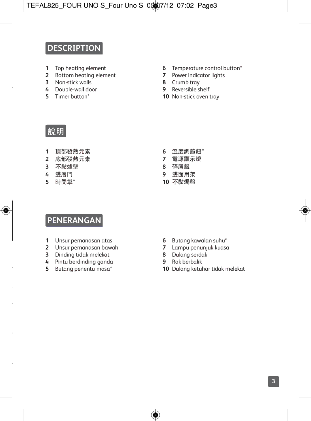 Tefal OF110265 manual Description, TEFAL825FOUR UNO SFour Uno S 02/07/12 0702 Page3 