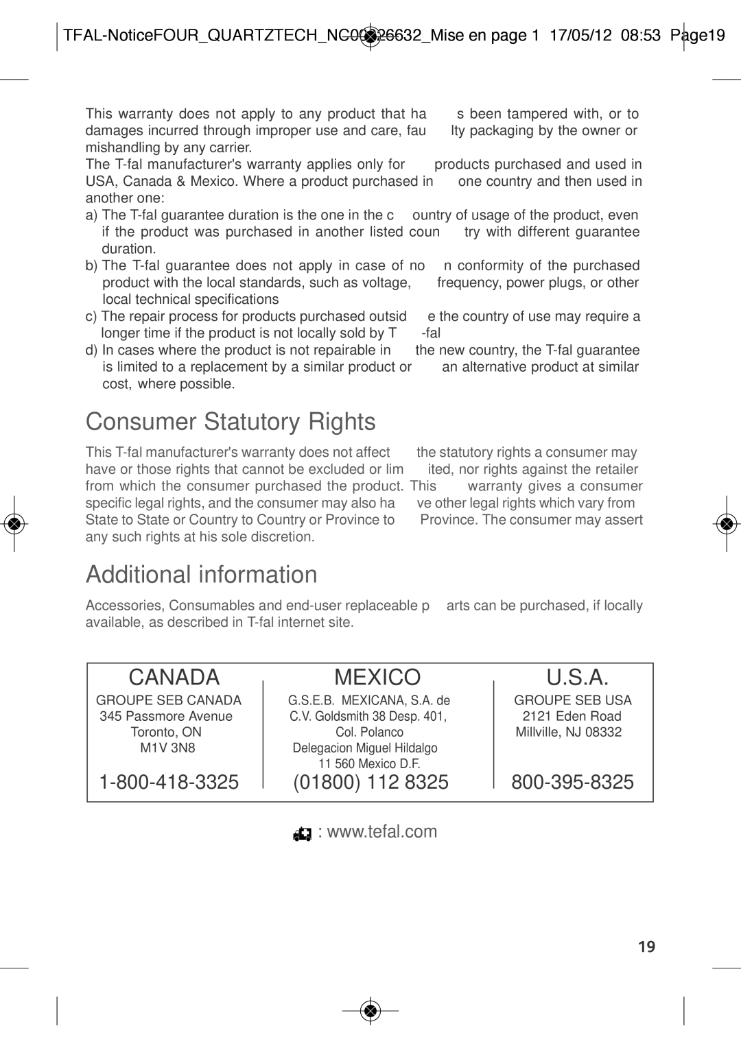 Tefal OF160850, OF1608B2, OF1608B1, OF160870 manual Consumer Statutory Rights, Additional information 