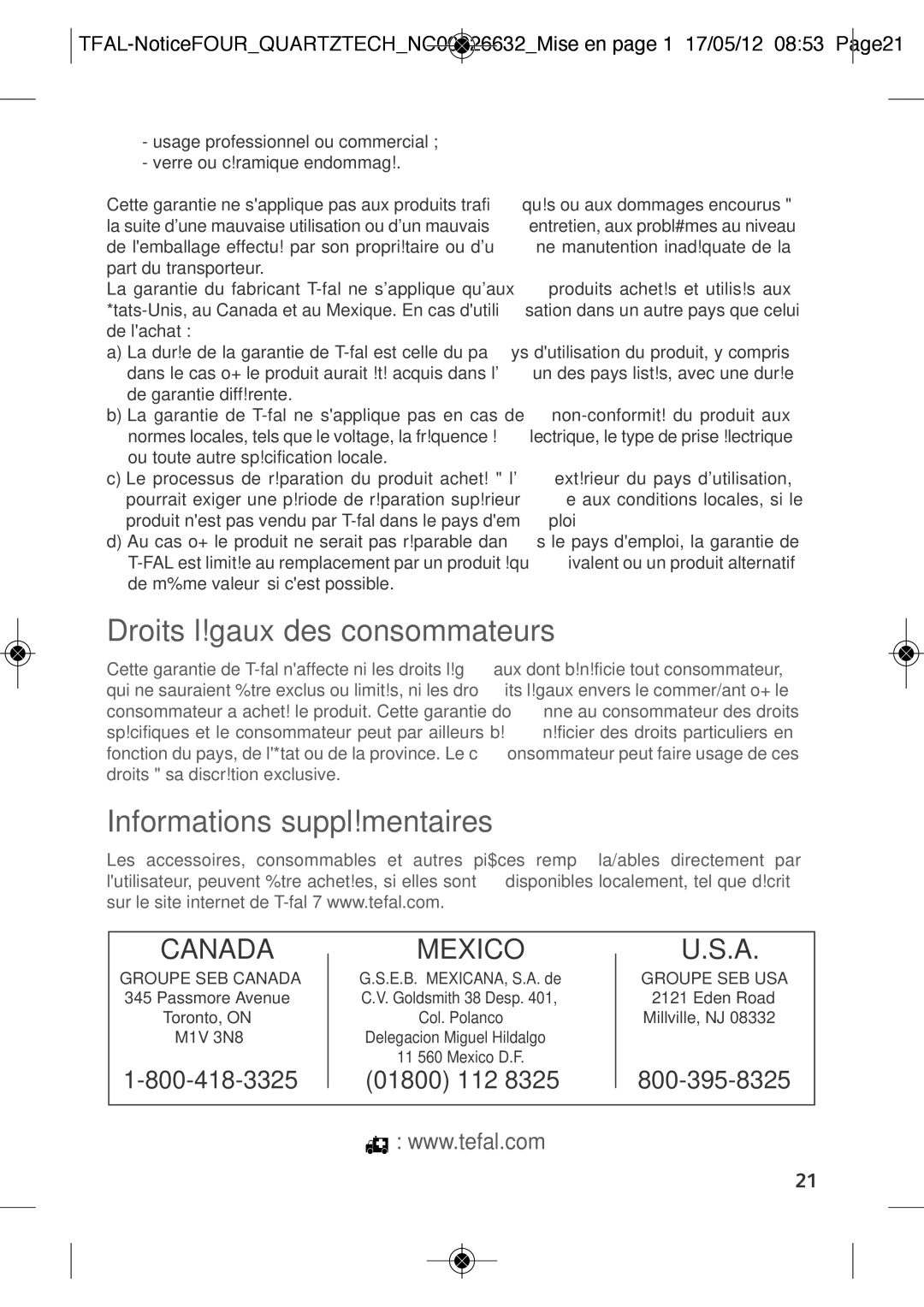 Tefal OF1608B1, OF160850, OF1608B2, OF160870 manual Droits légaux des consommateurs, Informations supplémentaires 