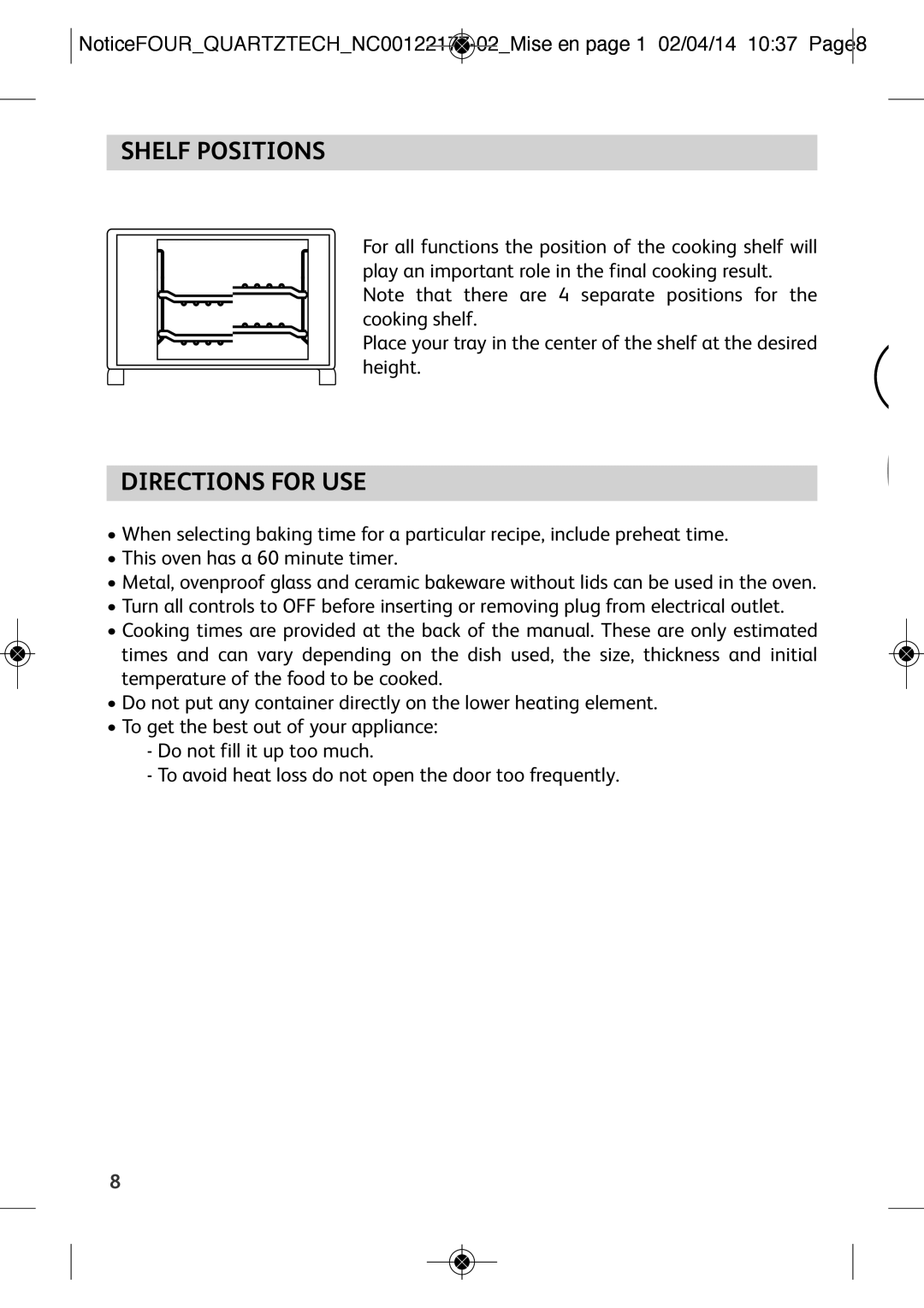 Tefal OF170870 manual Shelf Positions, Directions for USE 