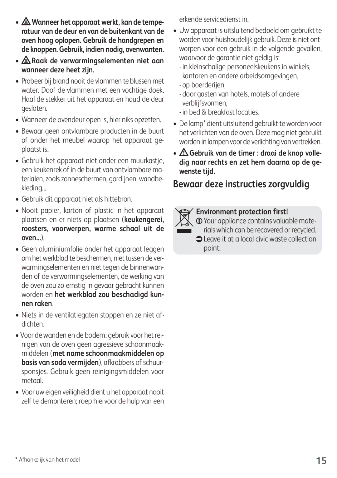 Tefal OF245830 manual Bewaar deze instructies zorgvuldig, Niets in de ventilatiegaten stoppen en ze niet af- dichten 