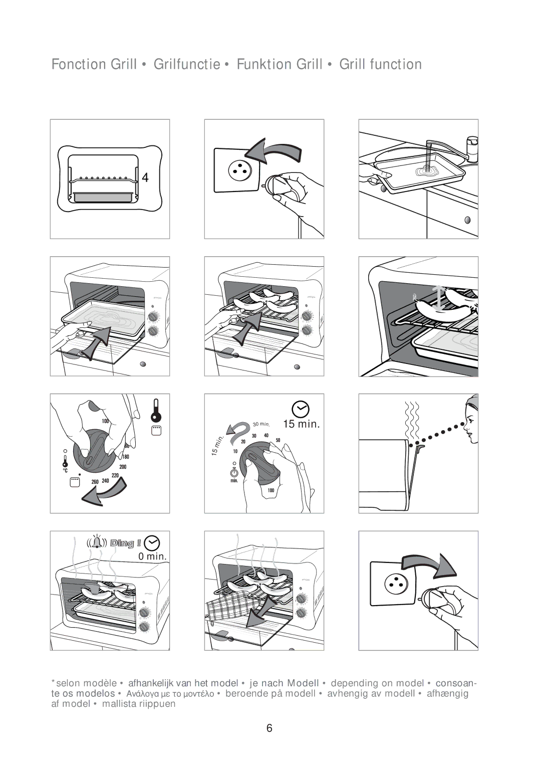 Tefal OV125350, OV125332 manual Fonction Grill Grilfunctie Funktion Grill Grill function, 15 min 