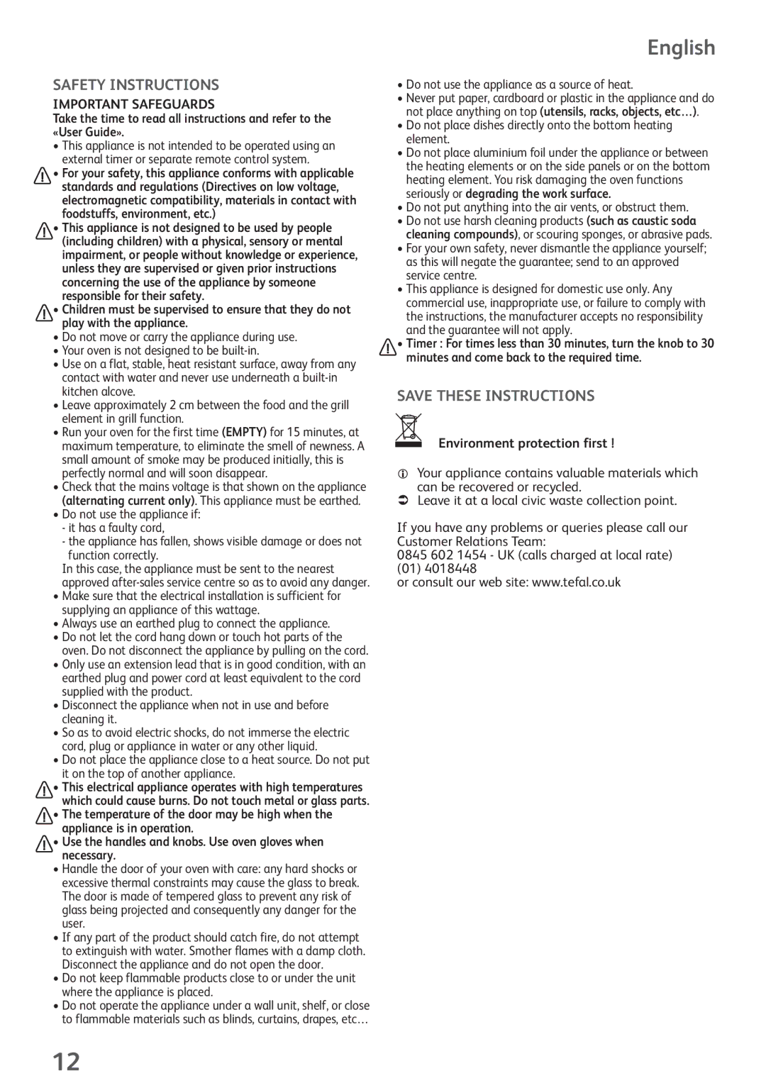 Tefal OV200230 manual English, Safety Instructions, Important Safeguards, Environment protection first 