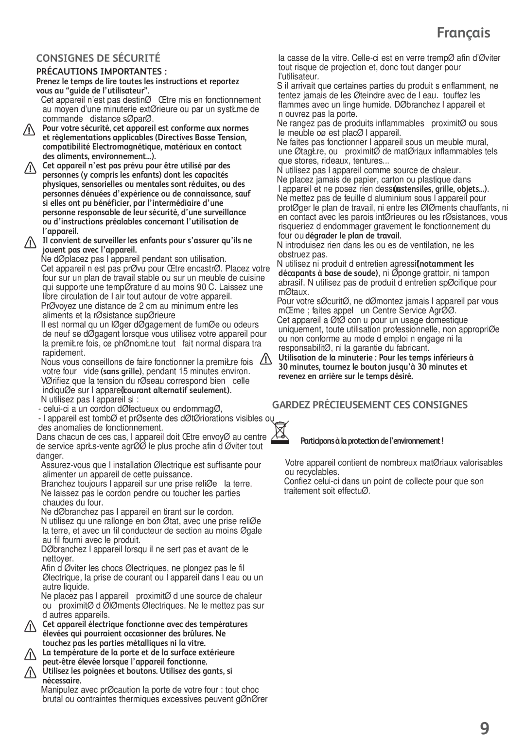 Tefal OV200230 manual Français, Consignes DE Sécurité, Gardez Précieusement CES Consignes, Précautions Importantes 