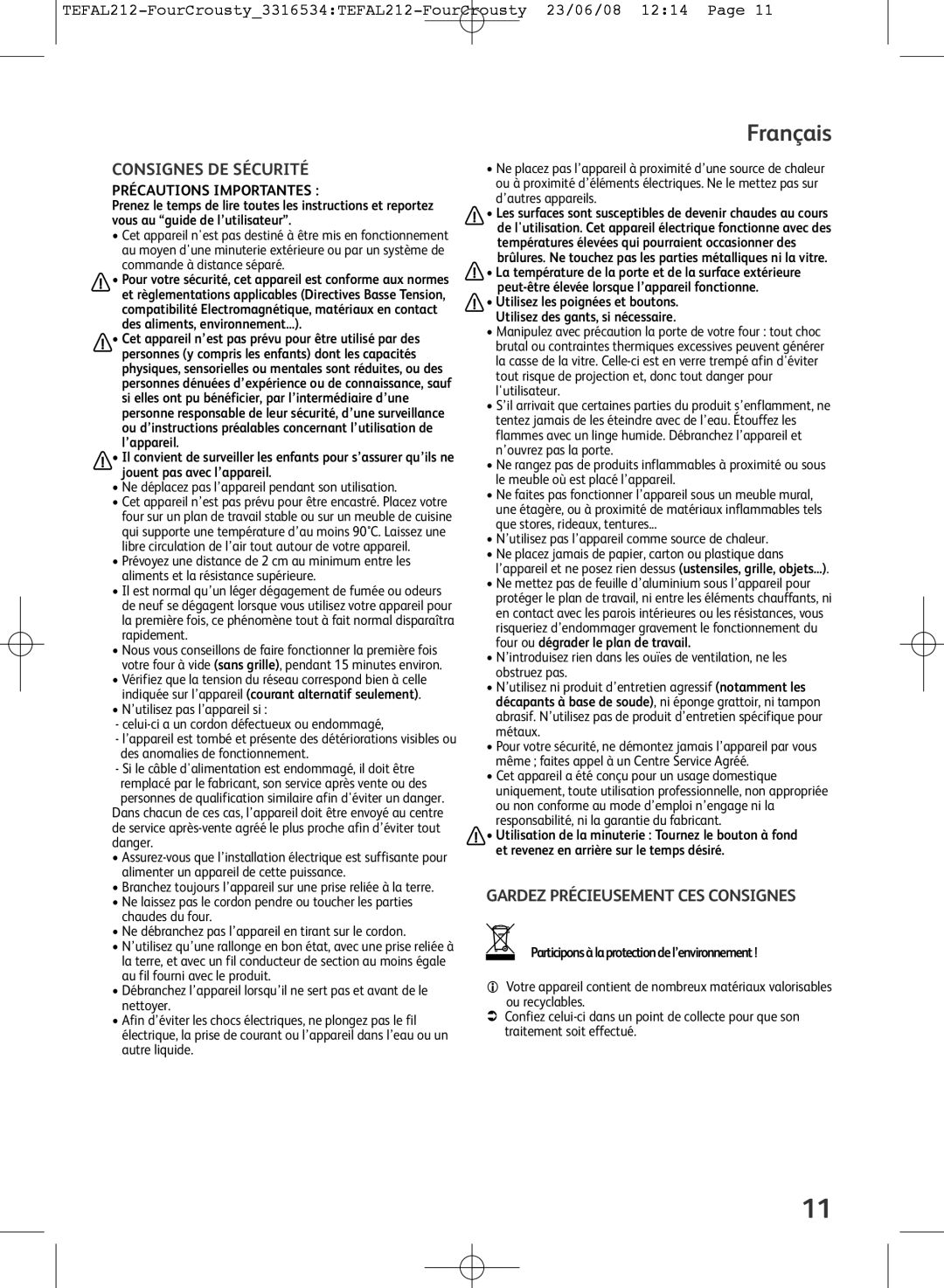 Tefal OV326071, OV326072 manual Français, Consignes DE Sécurité, Gardez Précieusement CES Consignes, Précautions Importantes 