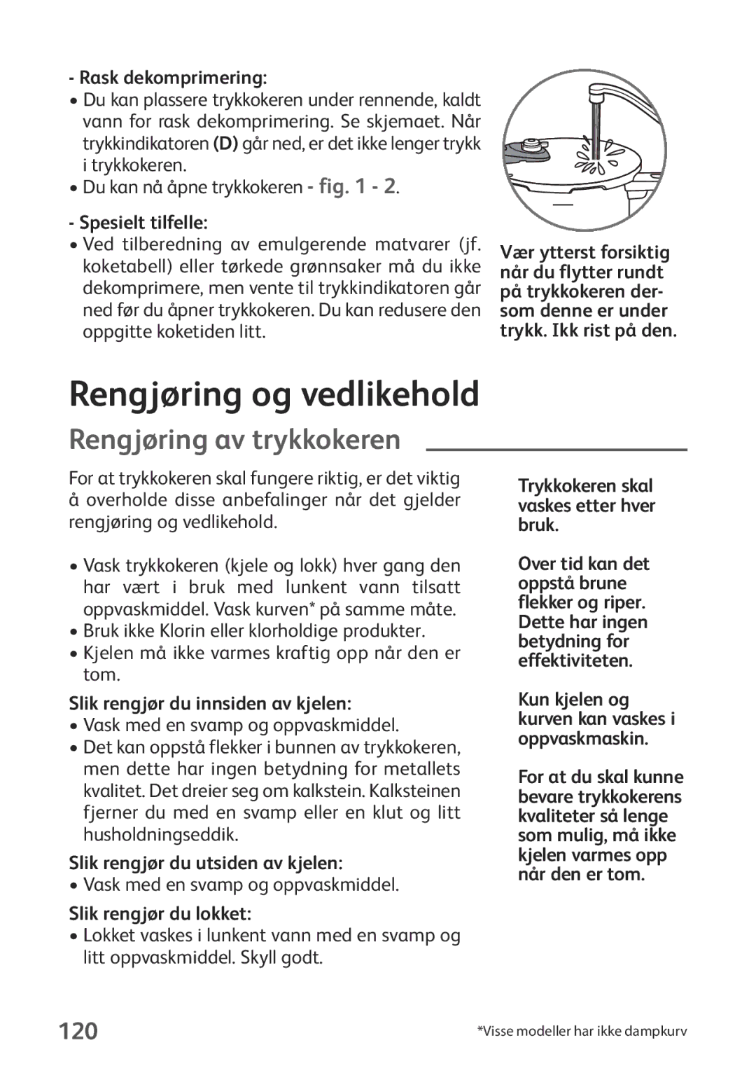 Tefal P2634631 manual Rengjøring og vedlikehold, Rengjøring av trykkokeren, 120 