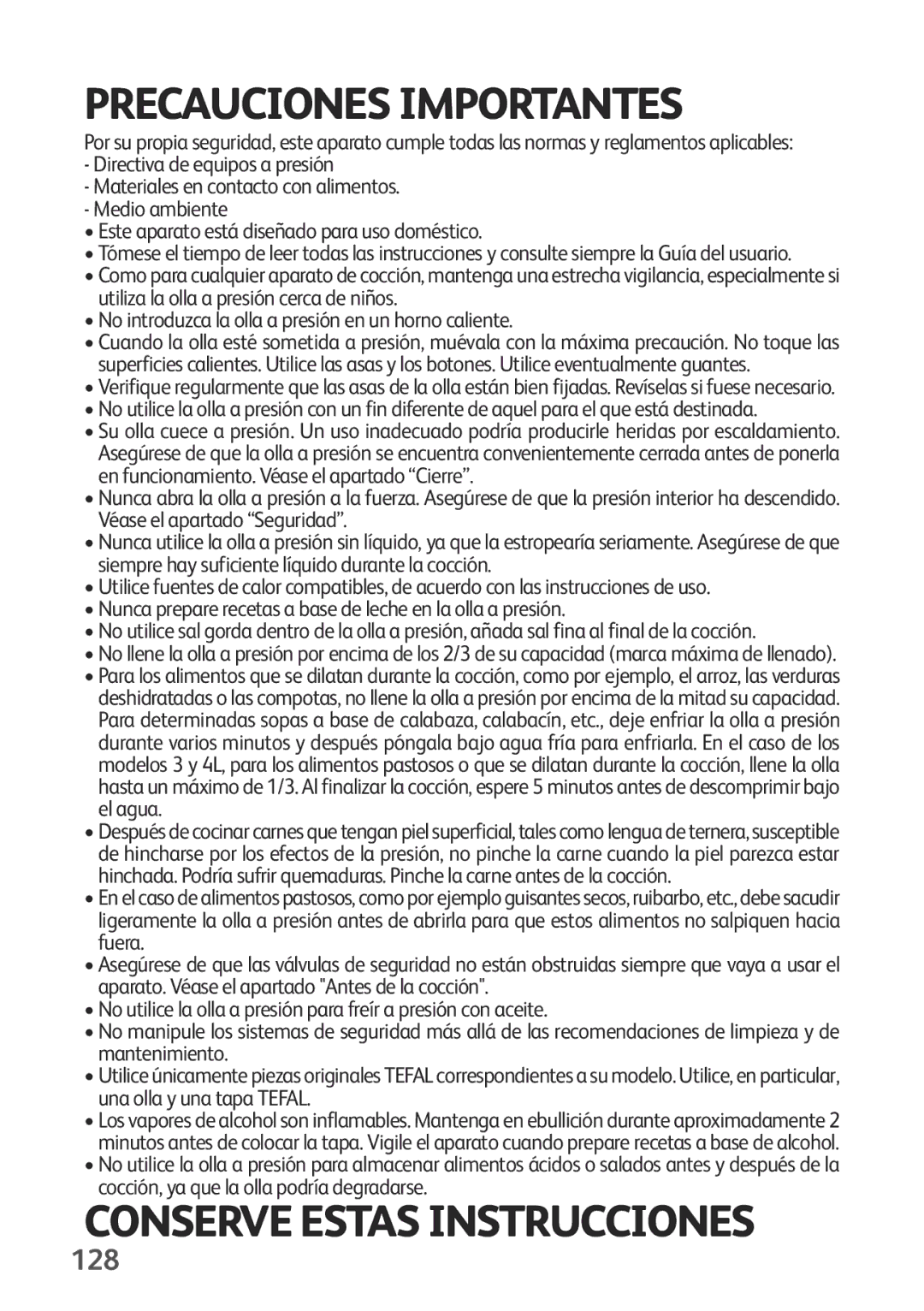 Tefal P2634631 manual Precauciones Importantes, 128 