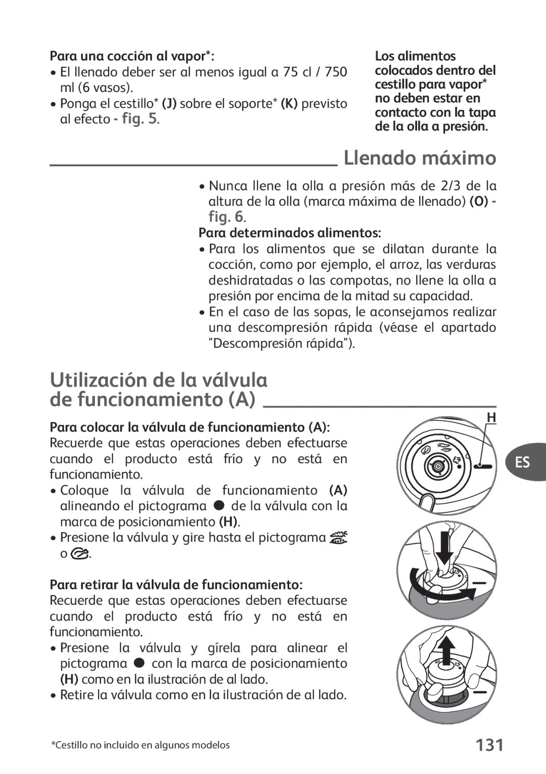 Tefal P2634631 manual Llenado máximo, Utilización de la válvula de funcionamiento a, 131, Para una cocción al vapor 