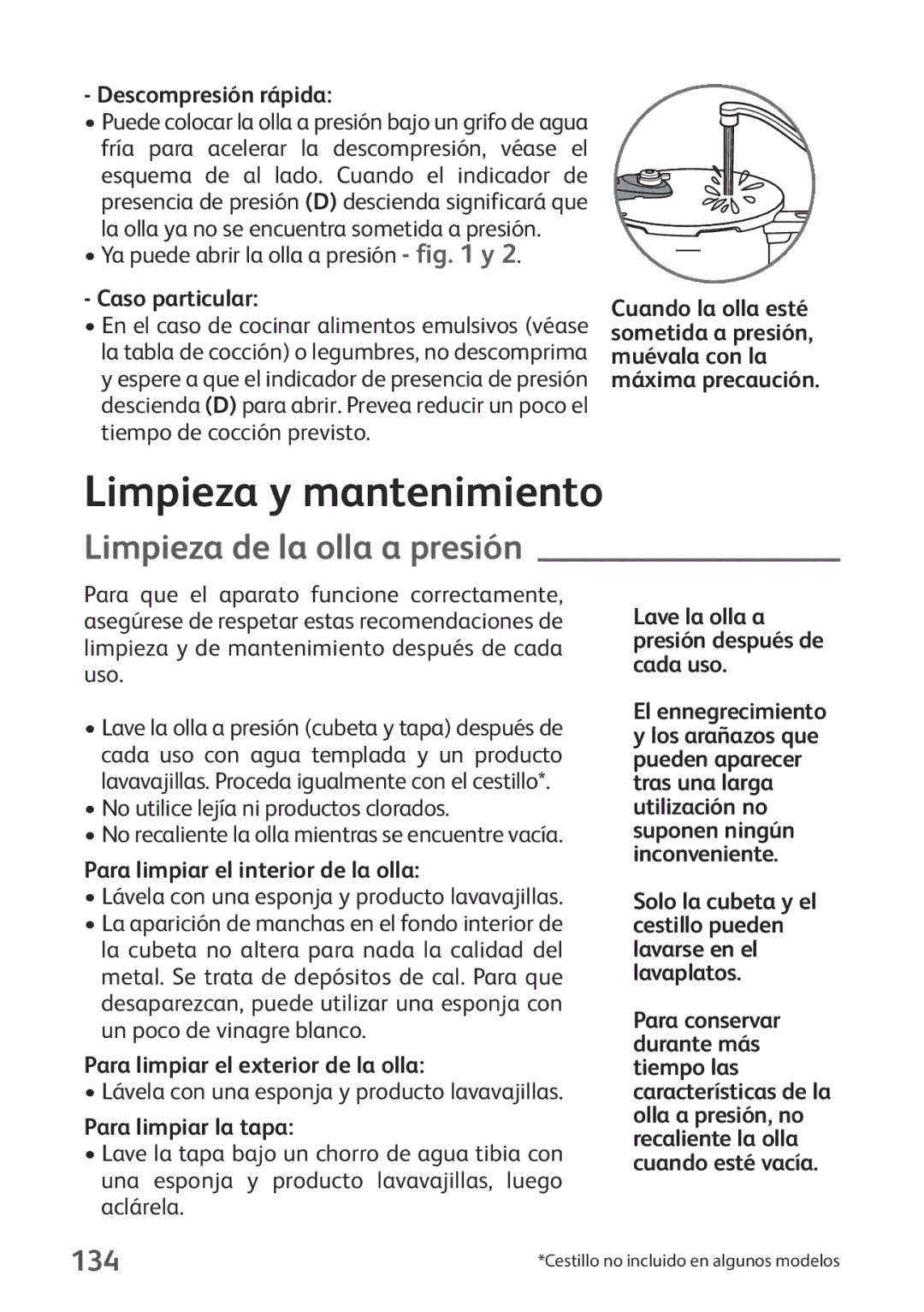 Tefal P2634631 manual Limpieza y mantenimiento, Limpieza de la olla a presión, 134 