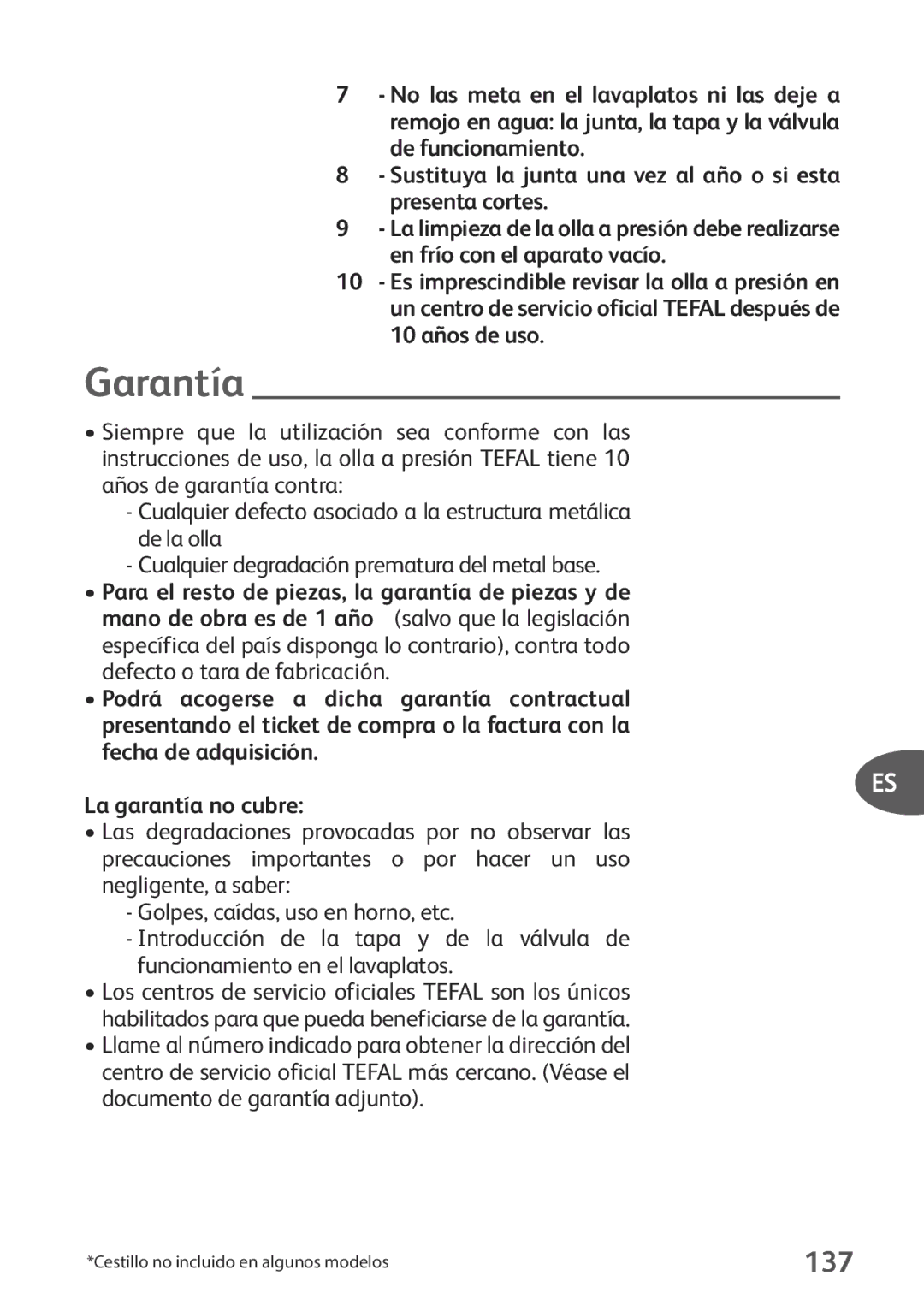 Tefal P2634631 manual Garantía, 137, Para el resto de piezas, la garantía de piezas y de 