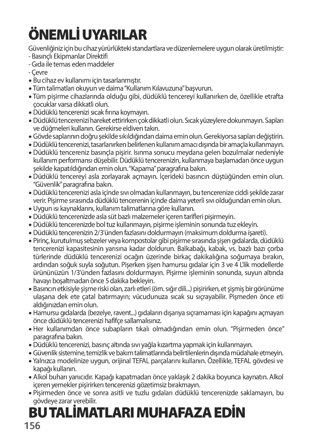 Tefal P2634631 manual Önemlİuyarilar, 156 